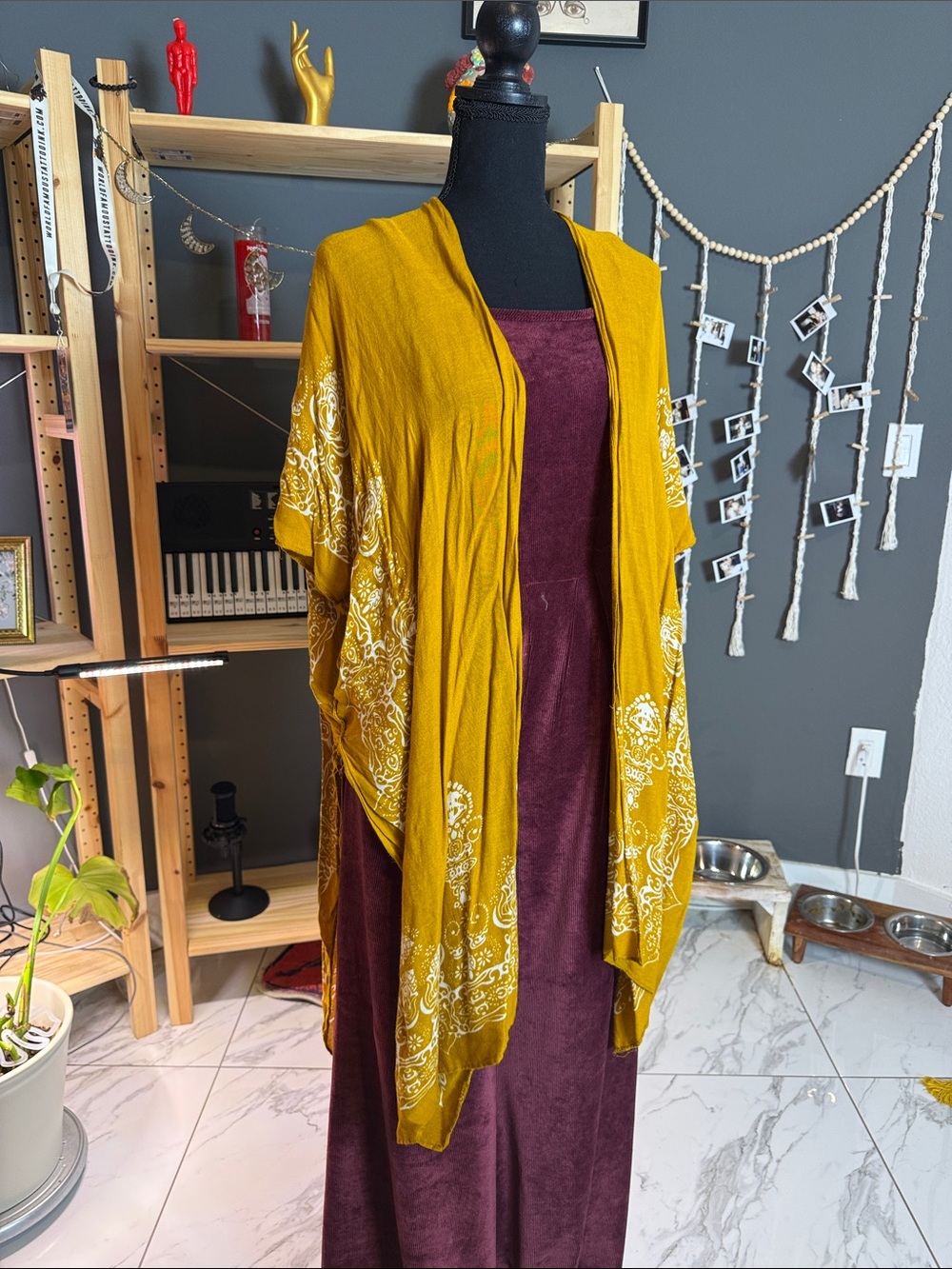 Boho Open-Front Mustard Kimono Jacket with White Print